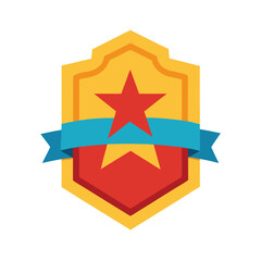 Gold award badge with red star and blue ribbon on white background illustration