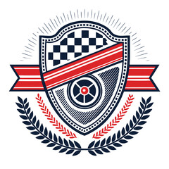 Design a vintage speed shop crest featuring a checkered racing stripe and a single prominent element (e.g., a wrench, engine part, or hot rod).  Include stylistic elements suggesting age and wear.