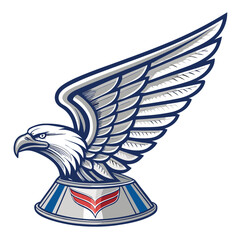 Design a vector illustration of a vintage car hood ornament featuring an eagle wing badge.  Include intricate details and a classic aesthetic.