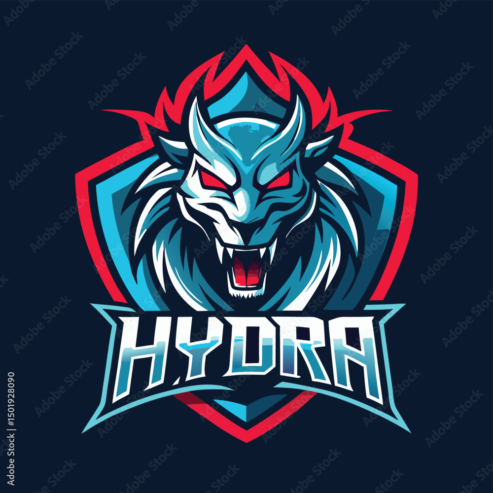 Poster Vector illustration of a fierce hydra logo featuring a stylized dragon head with bold colors and sharp details, ideal for branding and graphic design projects