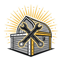 Design a vintage-style logo featuring a tool chest, a wrench forming a halo above it, and a garage backdrop.  The style should evoke nostalgia and craftsmanship.