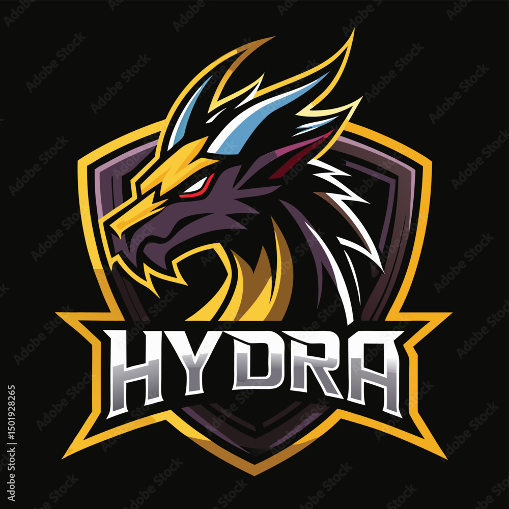 Poster vector illustration of a fierce hydra logo featuring a stylized dragon head with bold colors and sha
