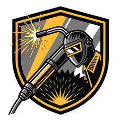 Design a vector logo a powerful welding torch emitting sparks, incorporating a heavy industrial aesthetic.  Emphasis on strong lines and bold colors.