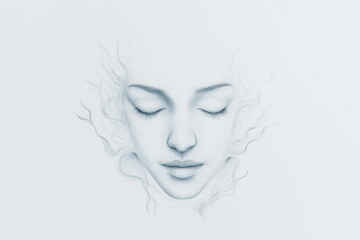 Serene female portrait artistic studio digital illustration minimalist aesthetic front view emotive expression