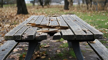Fototapeta premium Damaged wooden picnic table in park (1)