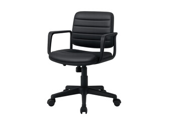 Ergonomic black office chair with padded seat, supporting backrest, adjustable armrests, rolling wheels, professional workspace seating design