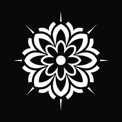 Intricate Black and White Floral Emblem on Black Background | Symmetrical Crest Design