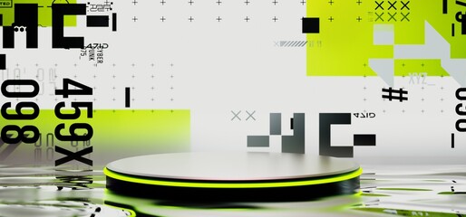 3d illustration rendering of y2k 2000s gaming technology futuristic fantasy metaverse cyberpunk sci-fi display podium pedestal stage room abstract background in neon-glow © issaronow