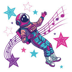 Create a vector illustration of an astronaut floating serenely amidst a field of twinkling stars, suitable for a patch or emblem.  The astronaut should be detailed and expressive.