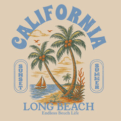 Fototapeta premium California summer prints. vintage retro summer prints. t shirt design graphics. typography text graphics in vector. summer t-shirt design. tropical palm tree with sunshine beach tee.