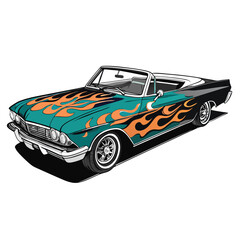 A striking side view illustration of a 1960s convertible, featuring vibrant flames along its side and a prominent logo.  High detail, sharp focus.