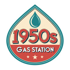 Design a vintage 1950s gas station logo featuring a stylized oil drop and retro typeface.  The logo should evoke a sense of nostalgia and classic Americana.
