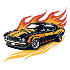 Design a 1970s style muscle car emblem; bold black outlines, aggressive fonts,  retro color palette,  fiery background effects.