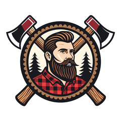 A close-up portrait of a bearded lumberjack's face, encircled by a round emblem featuring an axe.  The image is sharp and detailed, emphasizing the man's rugged features.