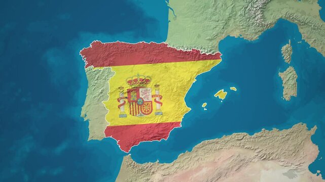 Zoom from Earth to Spain. (Country Flag) World map animation with highlighted country borders. Europe Cinematic 3d world map animation highlights aerial views, tourism, and travel. 4k