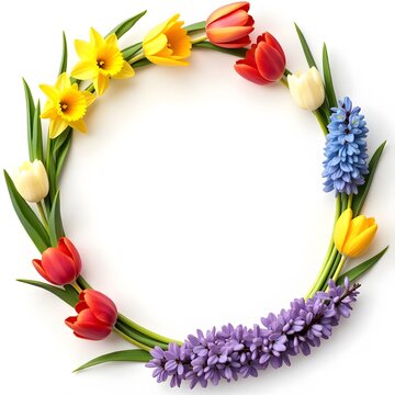 A bouquet of colorful tulips circular frame of spring flowers with frame of flowers in shades of soft pink, baby blue, and sunshine yellow red white background