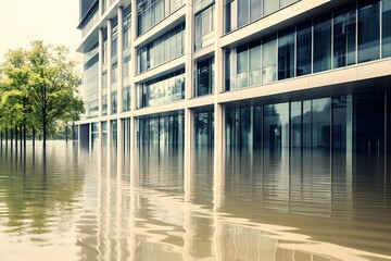A flooded street with a modern corporate building half-submerged in brown water, symbolizing the financial and environmental crisis caused by global warming and rising tides.