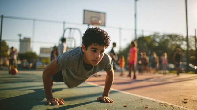 Young hispanic male teen exercising push-ups on outdoor basketball court at sunset