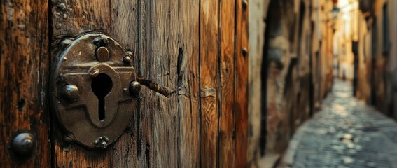 Ancient Wooden Door Keyhole in a Cobblestone Alleyway