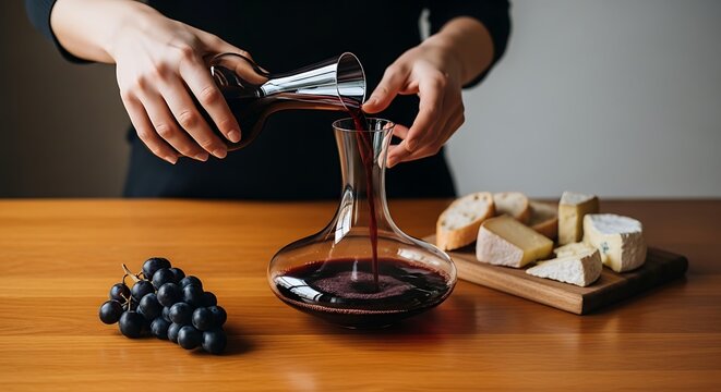 Pouring Red Liquid Into Glass Decanter with Cheese and Grapes - Powered by Adobe