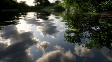 Fototapeta premium Calm water reflects clouds and tree branches in serene nature