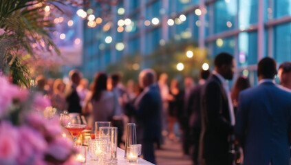 Blurred view of business professionals at a corporate party or office event in a modern conference center
