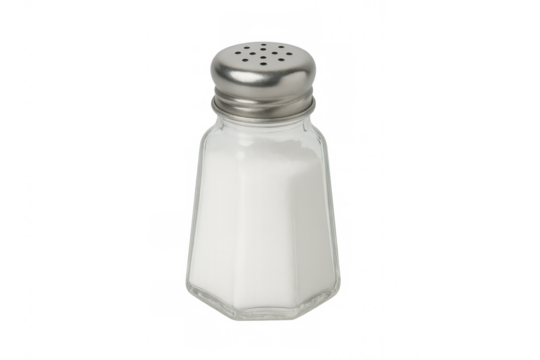 Classic glass salt shaker filled with white table salt, isolated on transparent background, ready for seasoning