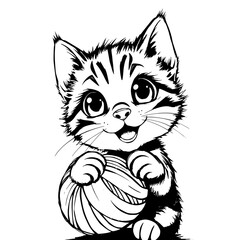 Obraz premium Playful Kitten: A charming monochrome illustration depicts a kitten with oversized eyes, a joyful expression, and playfully clutching a ball of yarn.