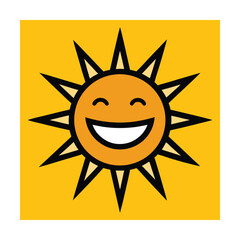 Cheerful cartoon sun smiling and radiant with happiness on a bright yellow background