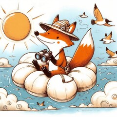 Fototapeta premium Cartoon fox sitting on a lifebuoy holding binoculars in the sun 