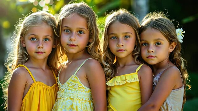 A group of young girls wearing yellow summer dresses. They are posing together, likely as sisters or friends, for a fun and relaxed portrait during a sunny day.