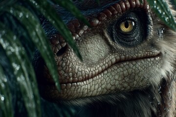 CloseUp of a Prehistoric Creatures Eye Amidst Lush Greenery Detailed Texture and Intense Gaz