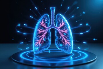 floating transparent lungs with animated airflow arrows, surrounded by glowing blue rings, sleek minimal background with gradient lighting.