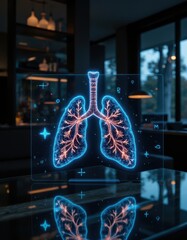Obraz premium close up on a digital lungs hologram with technical data overlays and oxygen molecule visuals, illuminated in a dark room with glowing reflections on a glass table.