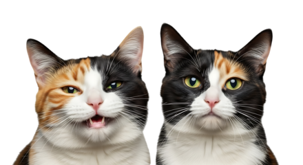 Adorable Calico Cats A Close-Up Portrait of Two Charming Felines, Displaying Unique Markings and Expressions. Perfect for Pet Lovers and Animal Enthusiasts.