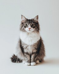 Obraz premium Gray and white fluffy cat sitting, facing forward. Soft, long fur. Clear, alert gaze. Studio shot against a neutral background