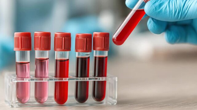Gloved hand holding a blood sample tube next to several filled red-capped vials on a laboratory table.