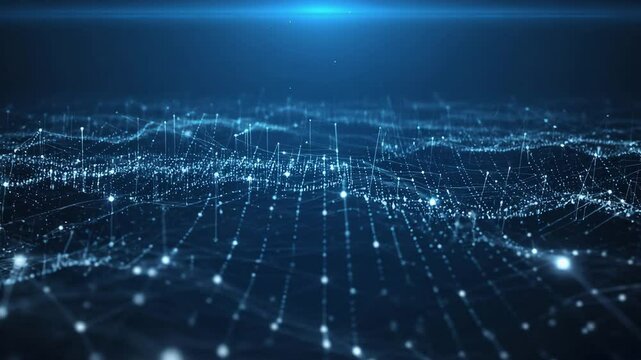 Vibrant interconnected web of glowing blue lines and nodes, representing a digital network or technology, High contrast cool abstract background depicting a global data network, internet, or big data
