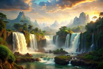 Breathtaking Panoramic Cascading Waterfall Landscape, Majestic Nature Scene, High-Resolution Photography
