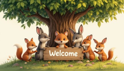 a family of woodland animals holding a welcome sign together, harmonious warm scene under a big tree, room left on sign for custom text.