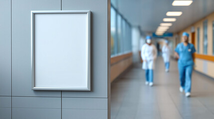 Blank white poster mock up on wall in hospital corridor with nurses and doctors in background, healthcare concept