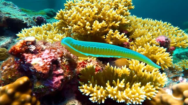 Underwater scene featuring a turquoise ghost pipefish swimming above yellow coral reefs in ocean.