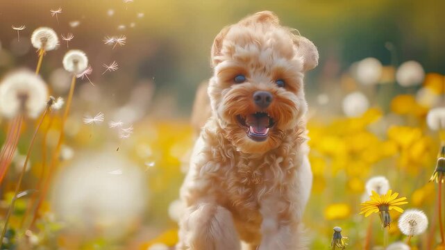 Curly cavapoo dog jumping among yellow flowers and white dandelion seeds. Cheerful puppy with open mouth mid-motion surrounded by flying seeds and bright summer landscape