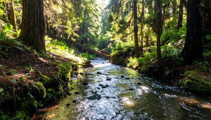 Obraz premium Sunlit Stream in a Lush Forest