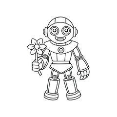 Printable Robot Holding a Flower Coloring Page Vector
