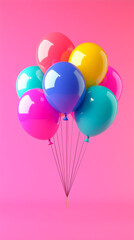 Colorful glossy balloons floating against a bright pink background.