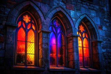 Obraz premium Dark Medieval Architecture: Gothic Windows, Old Building, Stone Facade, Architectural Photography, Historic Building, Ancient Windows, Mystery, Shadow, Intricate Detail