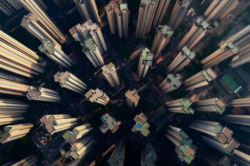 Aerial drone view looking down at a futuristic urban maze of towering residential skyscrapers, symbolizing modern city living and population density