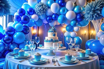 Elegant Blue & White Birthday Party Table Setup | Stunning Cake & Balloons