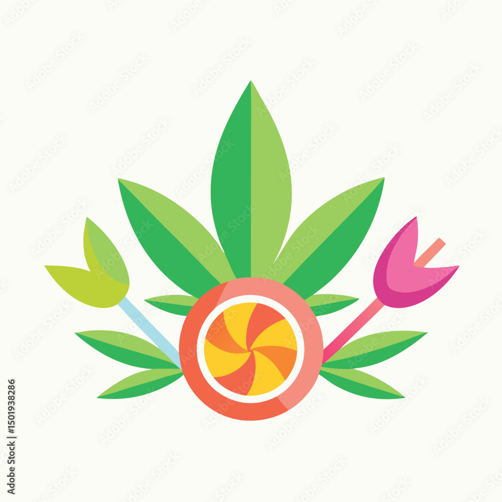 Poster Creative vector illustration featuring a leaf with vibrant colors and playful elements for cannabis-themed branding and design